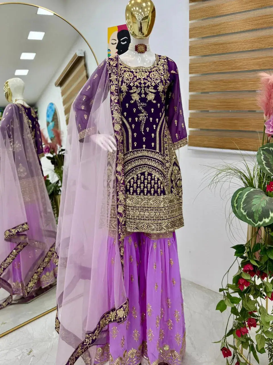 Women's New Georgette Embroidered Stitched Kurti & Sharara Party Dupattas Lustraward