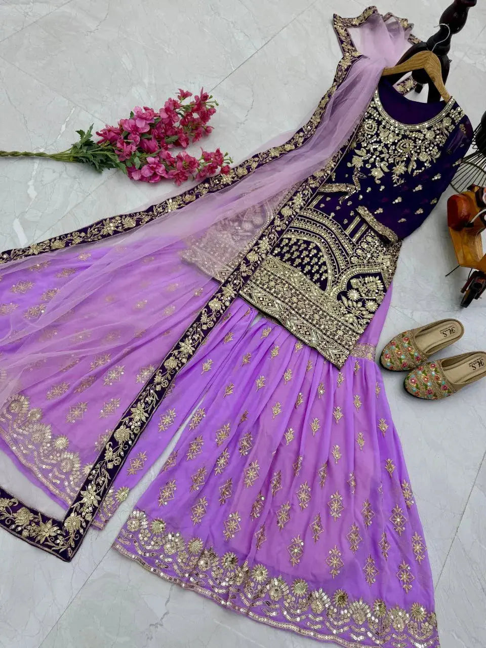 Women's New Georgette Embroidered Stitched Kurti & Sharara Party Dupattas Lustraward