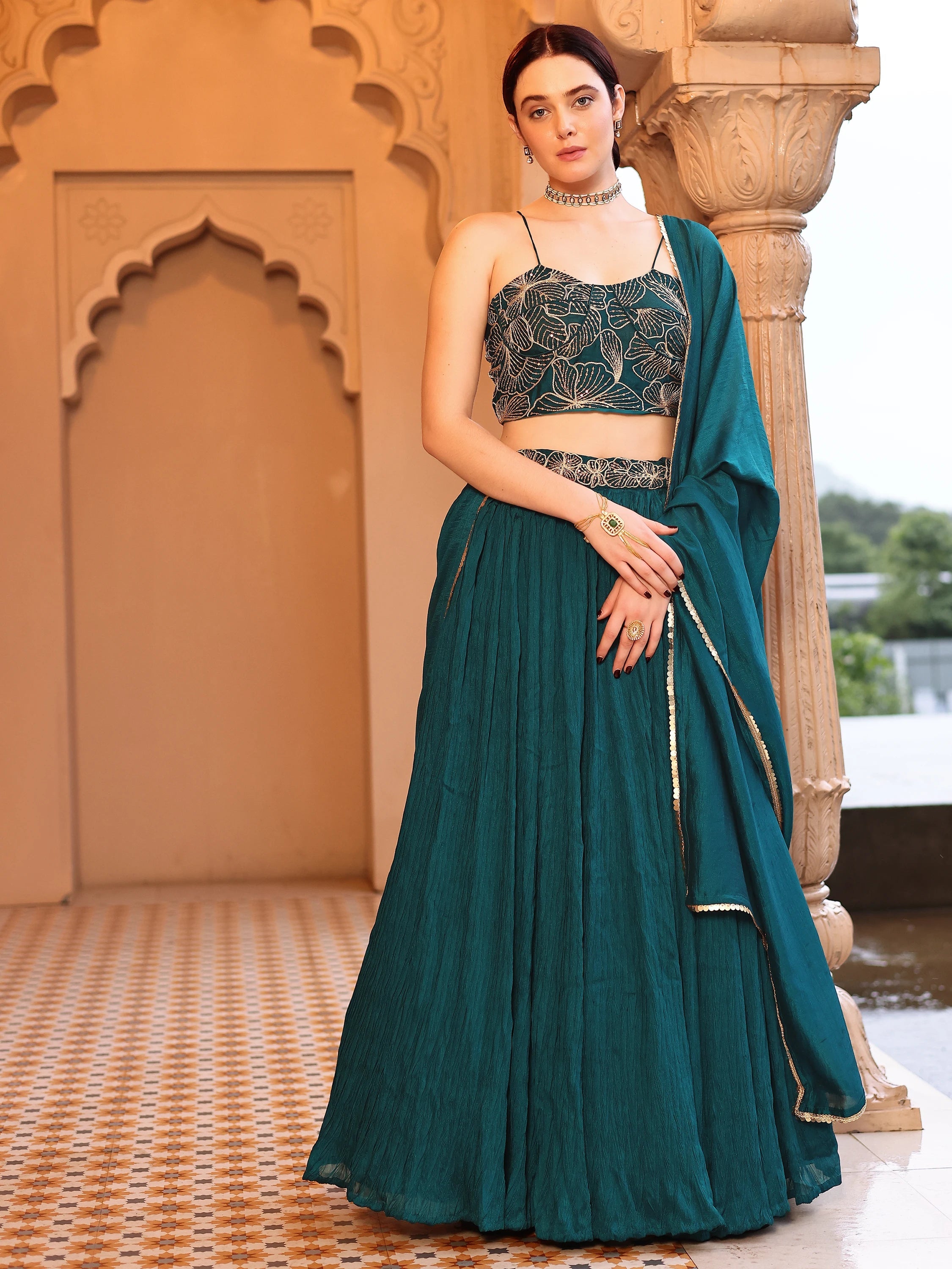 Crush Silk Embroidered Lehenga Set Lustraward