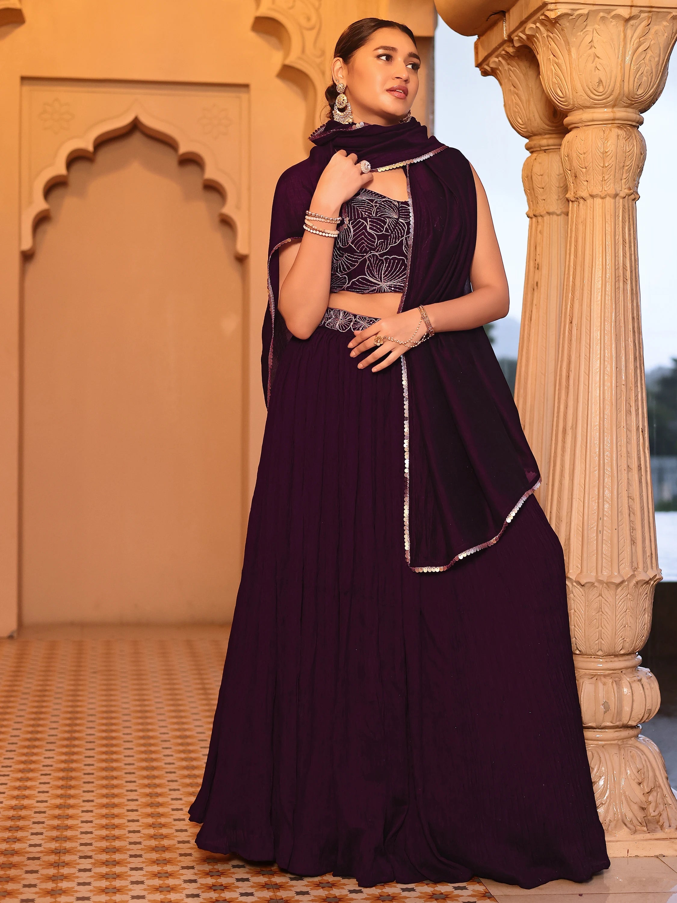 Crush Silk Embroidered Lehenga Set Lustraward