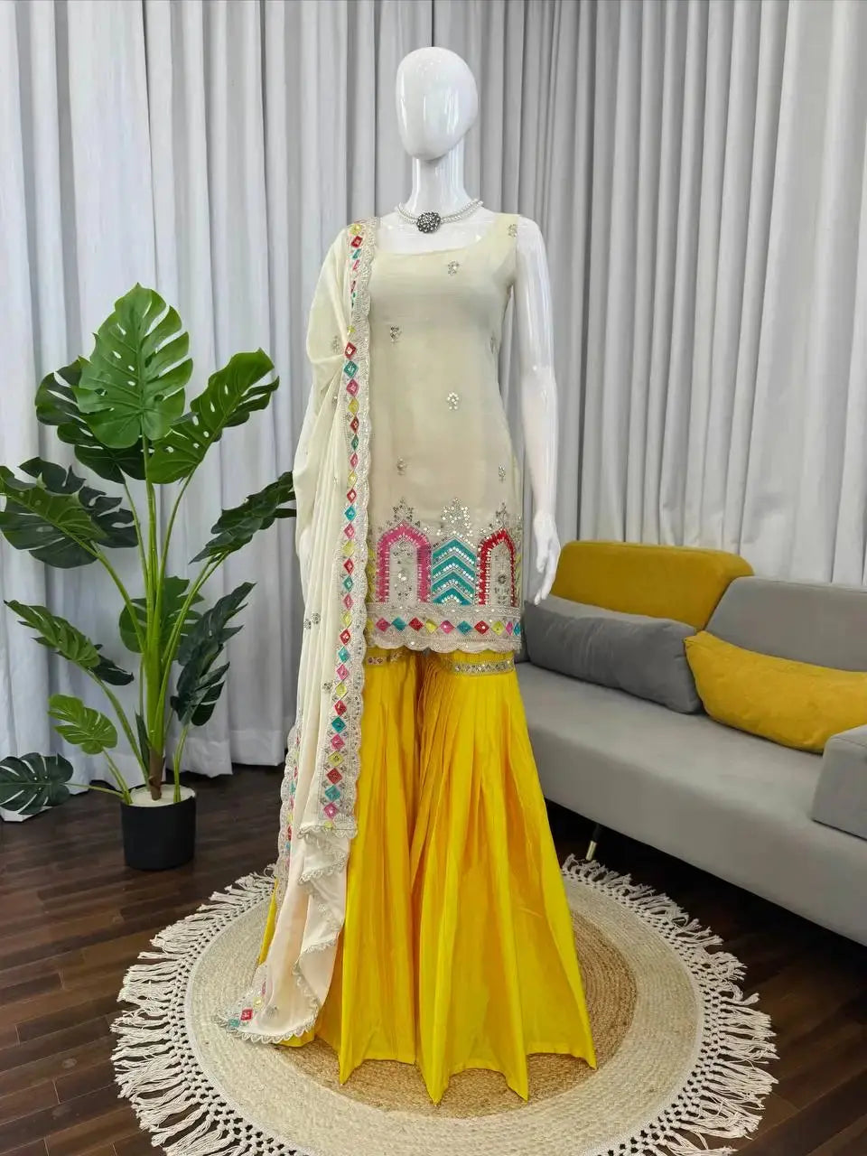 Women’s Embroidered Kurti Sharara Set with Chiffon Dupatta Lustraward