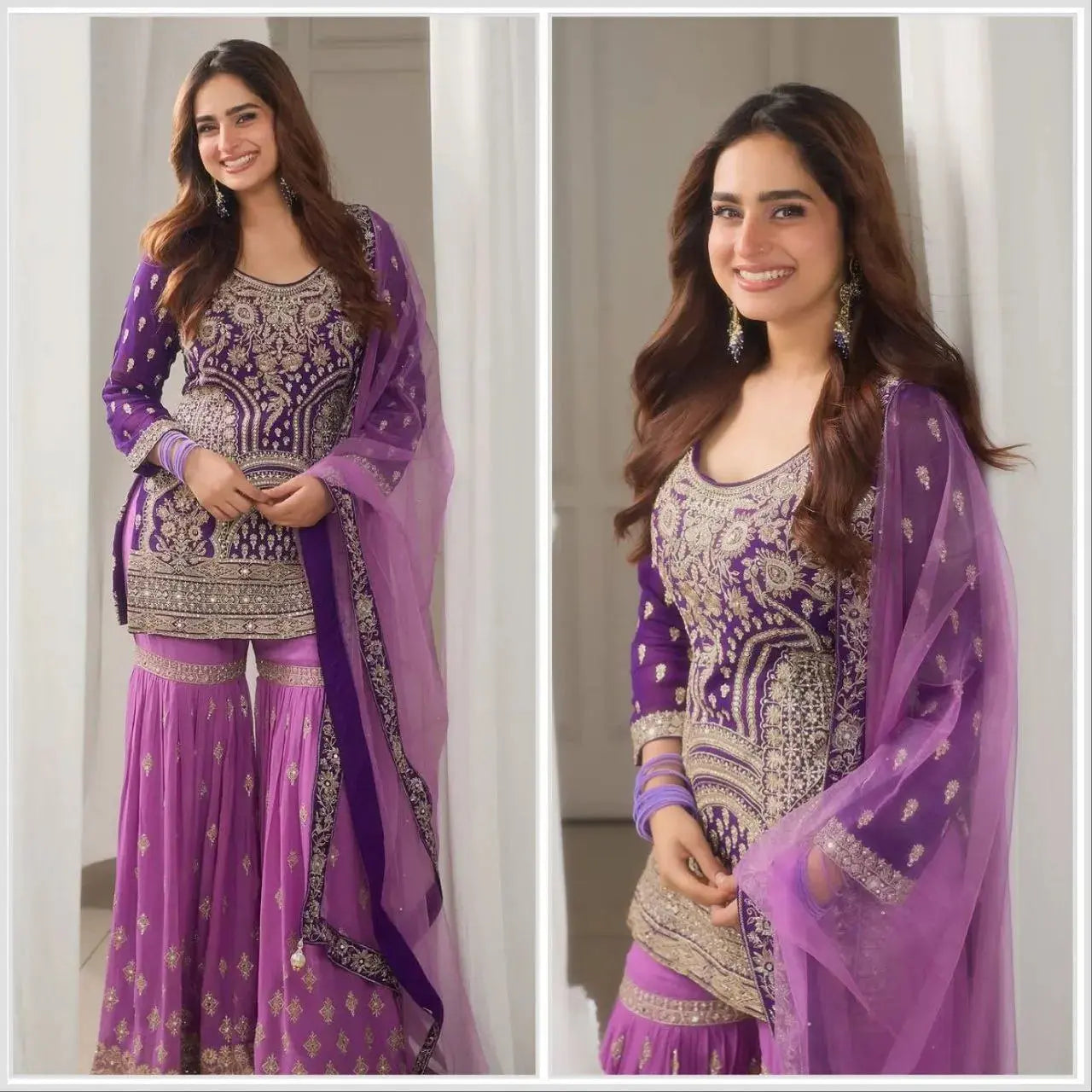 Women's New Georgette Embroidered Stitched Kurti & Sharara Party Dupattas Lustraward