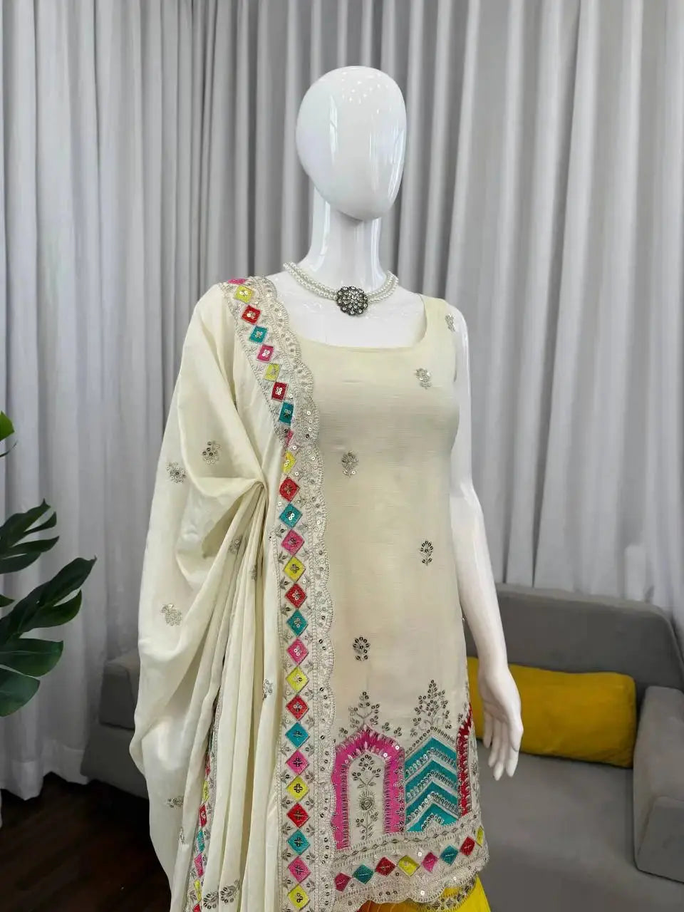Women’s Embroidered Kurti Sharara Set with Chiffon Dupatta Lustraward