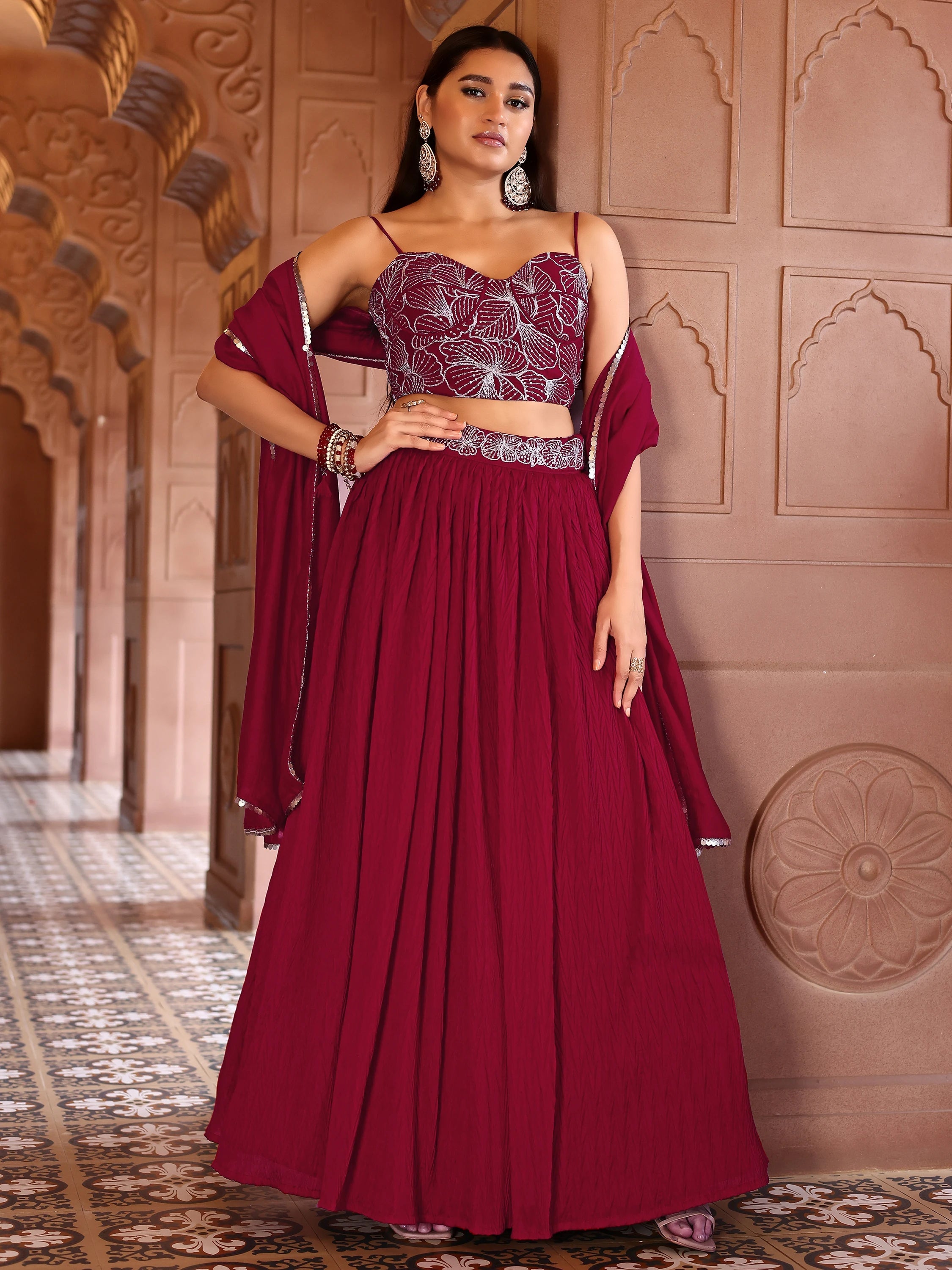 Crush Silk Embroidered Lehenga Set Lustraward