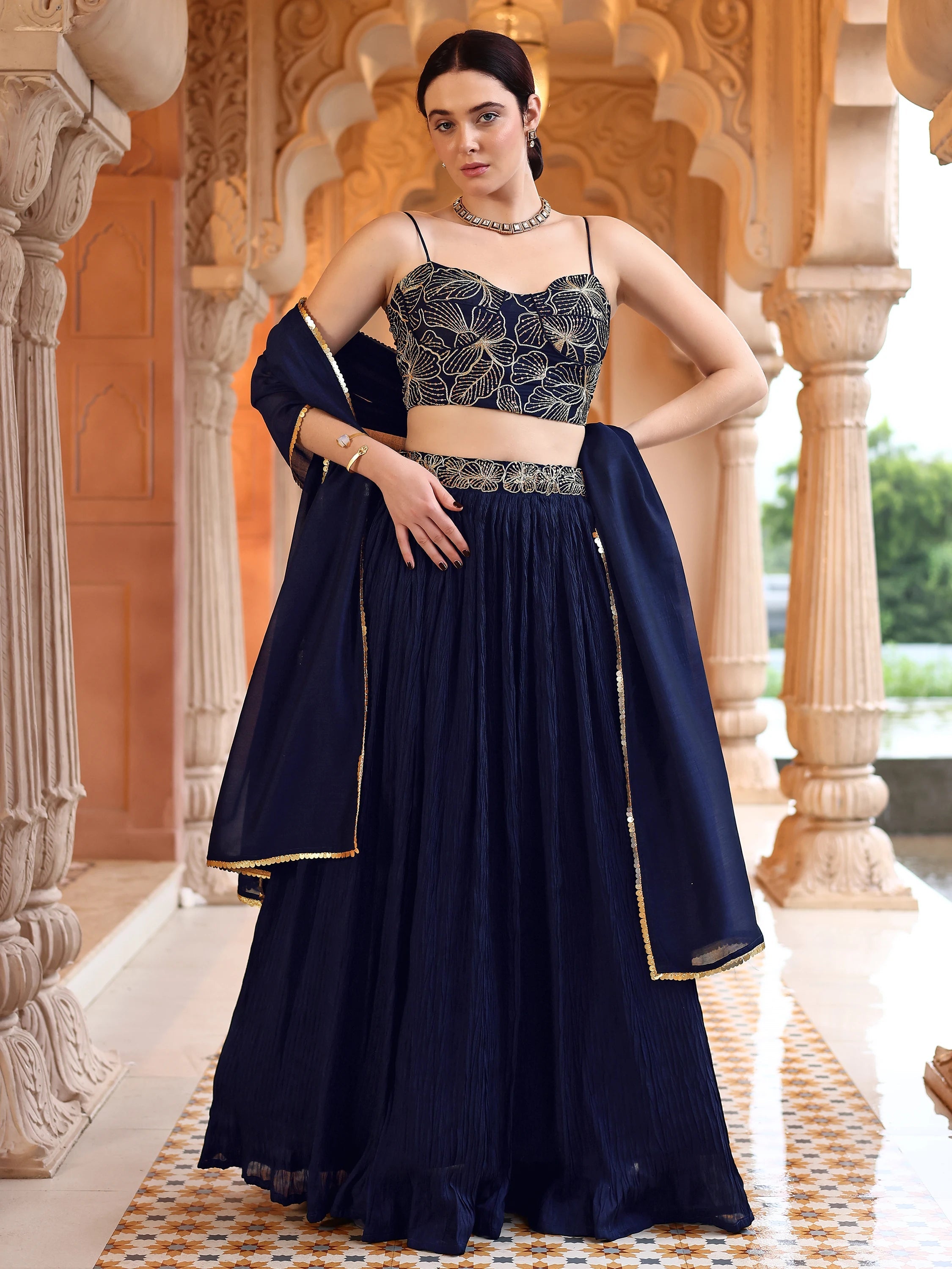 Crush Silk Embroidered Lehenga Set Lustraward