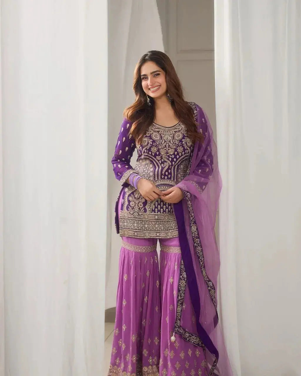 Women's New Georgette Embroidered Stitched Kurti & Sharara Party Dupattas Lustraward