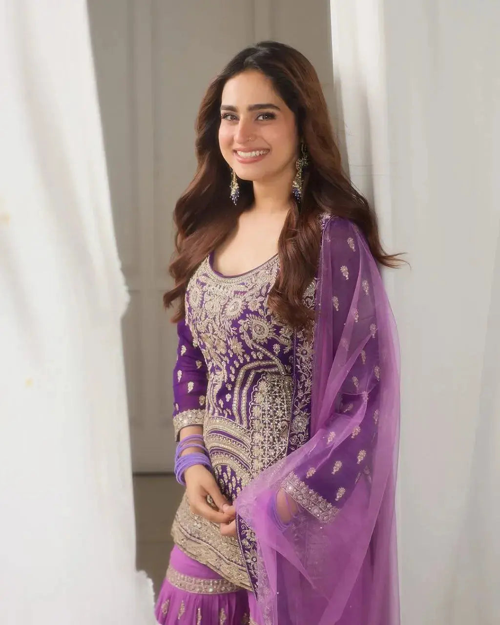Women's New Georgette Embroidered Stitched Kurti & Sharara Party Dupattas Lustraward