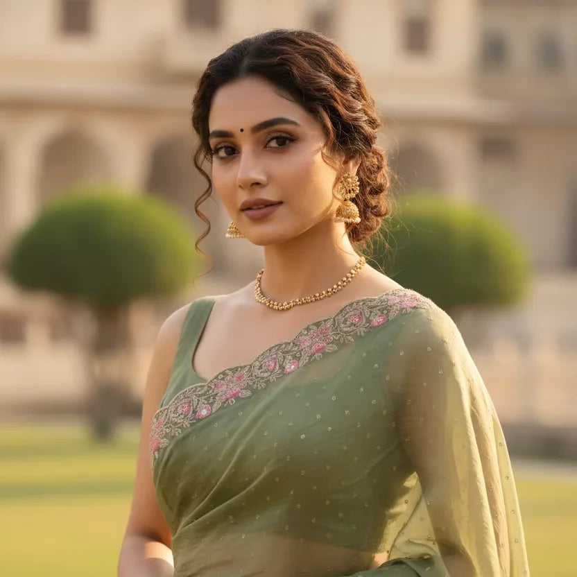 Olive Green Embroidered Chiffon Saree Lustraward