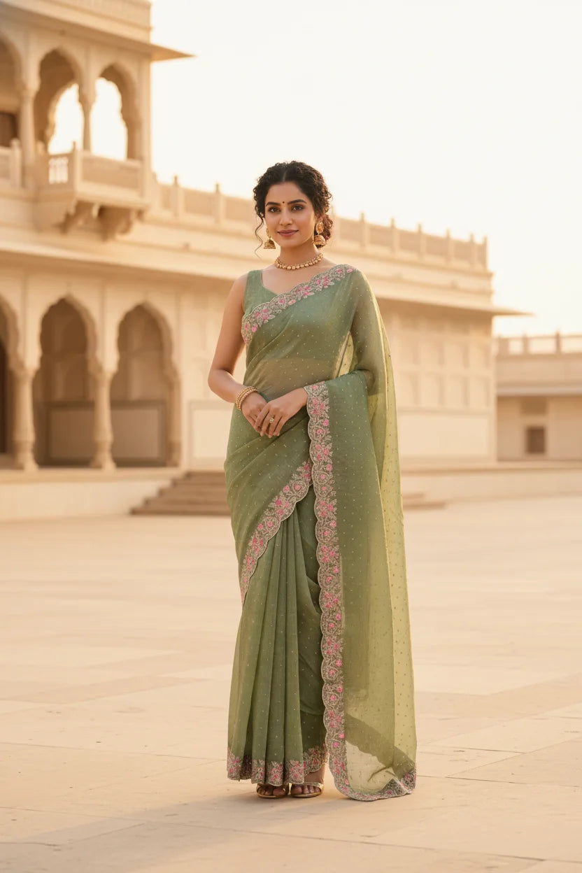 Olive Green Embroidered Chiffon Saree Lustraward