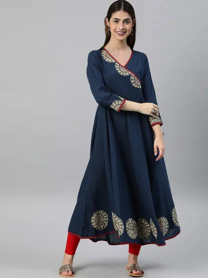 Women’s Blue Cotton Slub Angrakha Kurta Lustraward