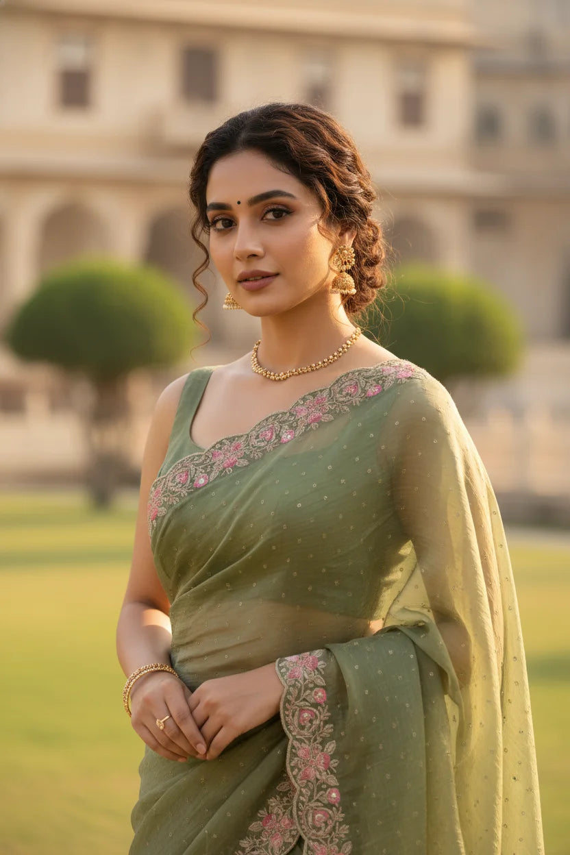 Olive Green Embroidered Chiffon Saree Lustraward