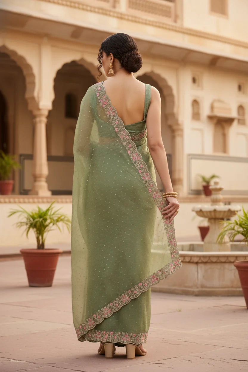 Olive Green Embroidered Chiffon Saree Lustraward