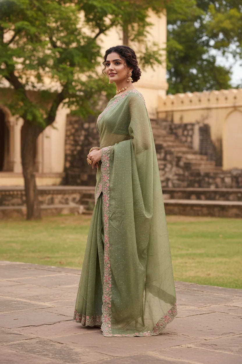 Olive Green Embroidered Chiffon Saree Lustraward