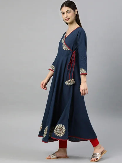 Women’s Blue Cotton Slub Angrakha Kurta Lustraward