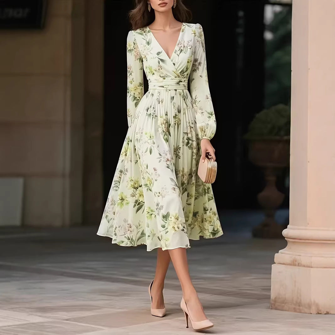 Elegant V-Neck Long-Sleeve Womens Dress With Print Lustraward