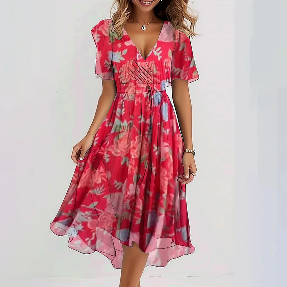 Chiffon Printed Short Sleeve Dress Summer Elegant V-neck Dresses Womens Clothing Lustraward