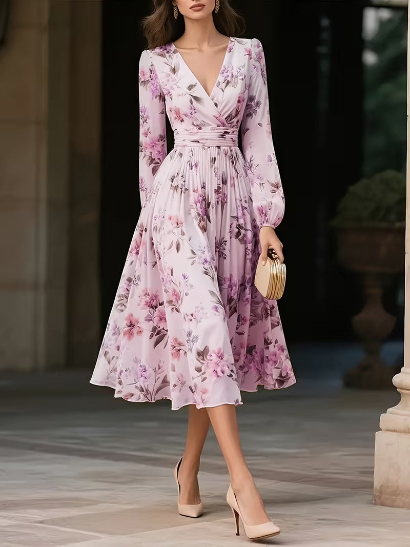 Elegant V-Neck Long-Sleeve Womens Dress With Print Lustraward