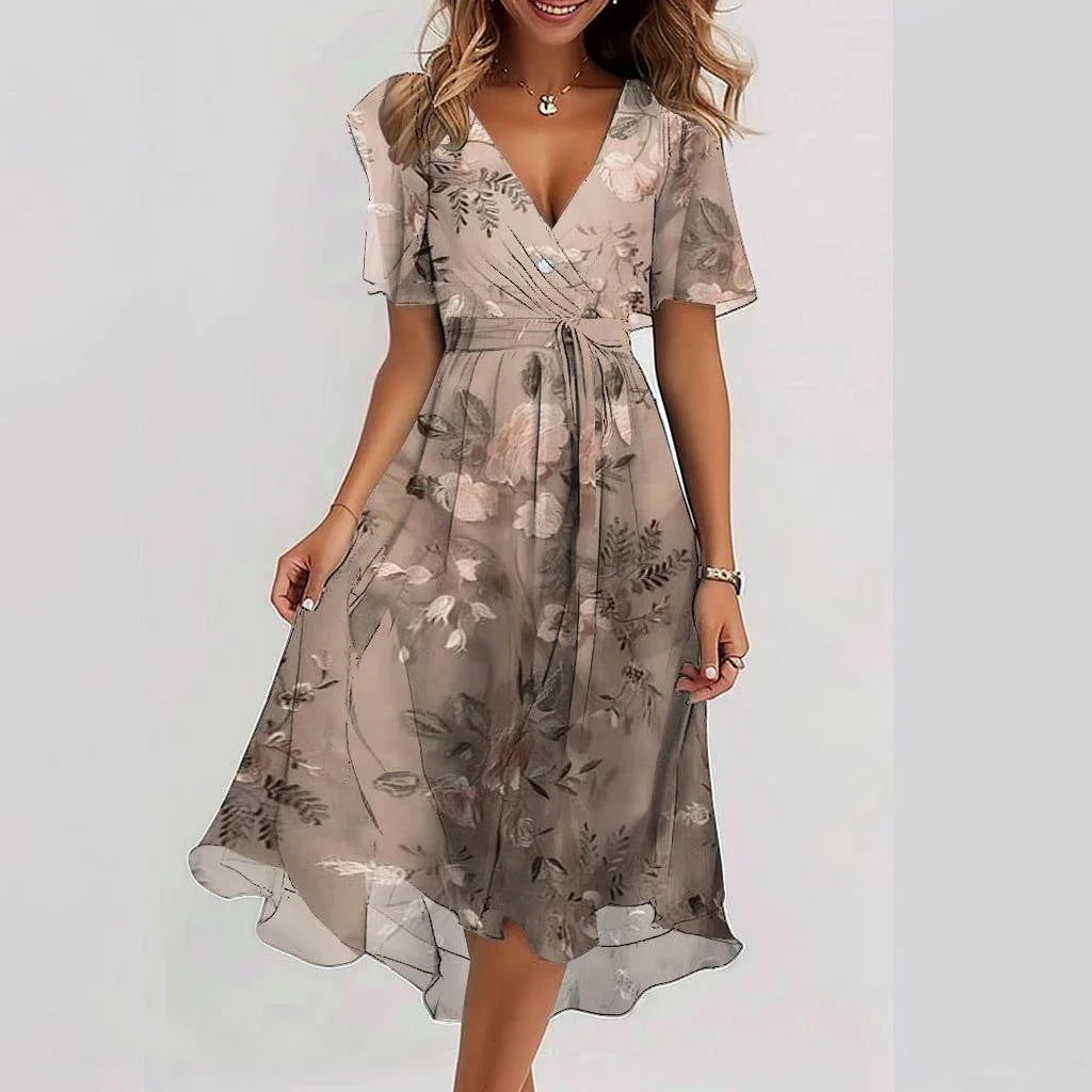 Chiffon Printed Short Sleeve Dress Summer Elegant V-neck Dresses Womens Clothing Lustraward