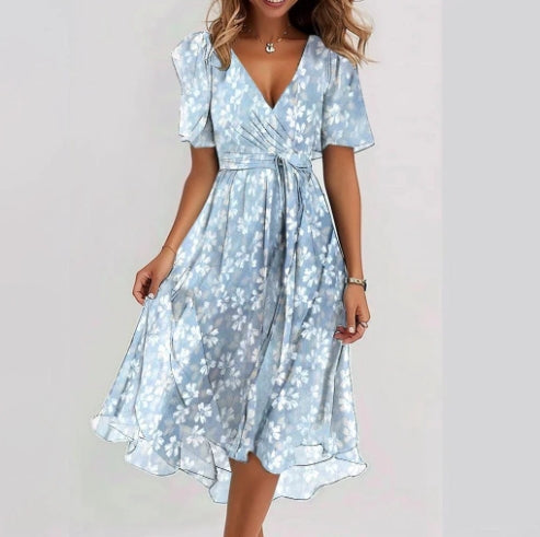 Chiffon Printed Short Sleeve Dress Summer Elegant V-neck Dresses Womens Clothing Lustraward