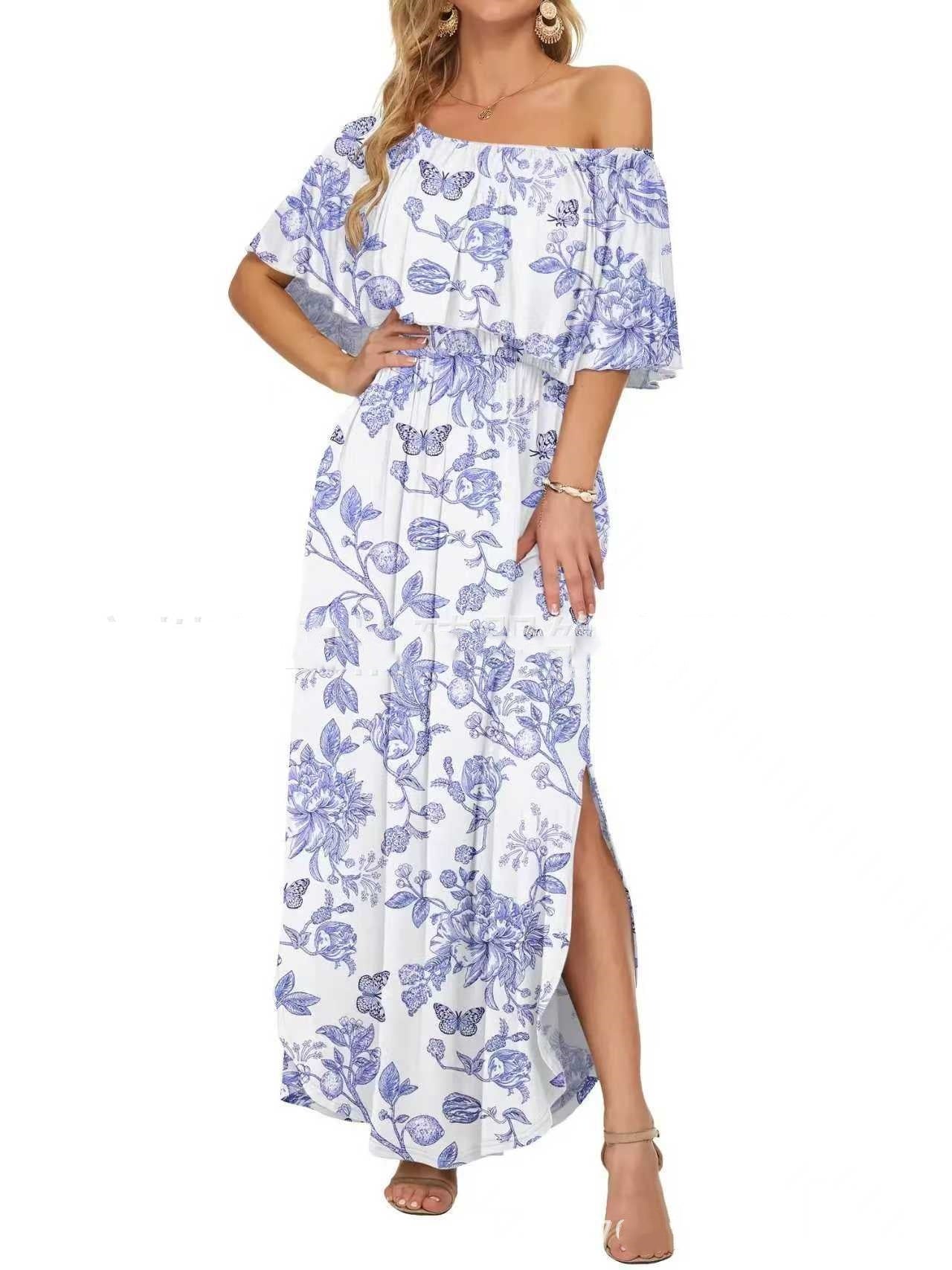 Printed Off-shoulder Short-sleeve Maxi Dress Lustraward