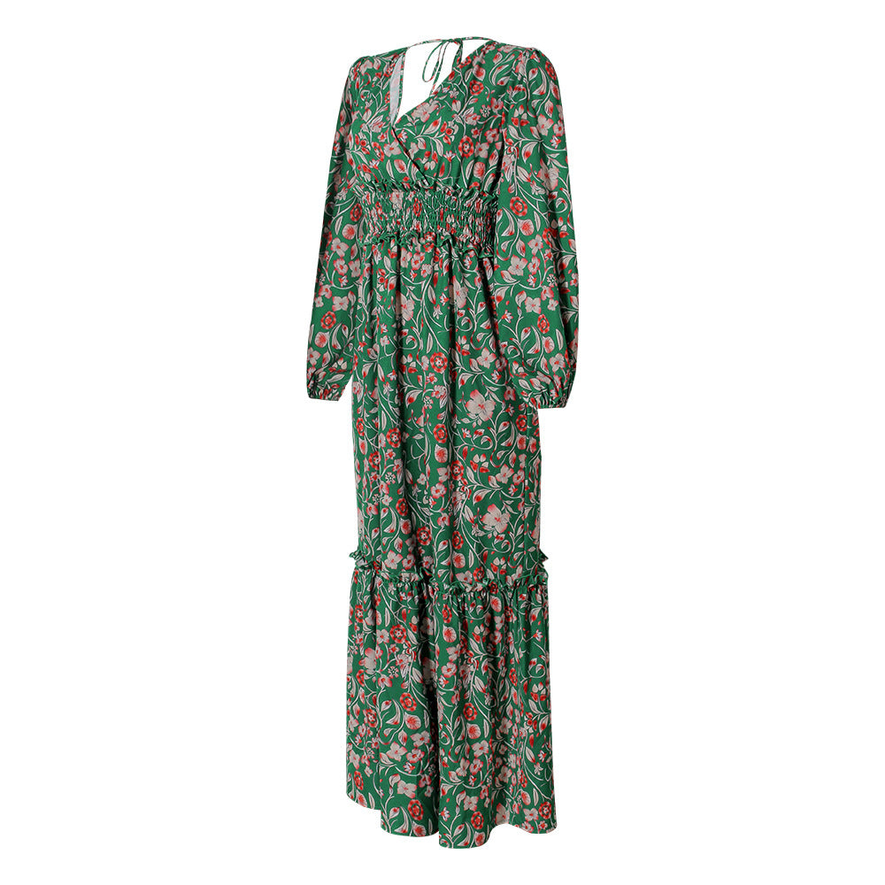 Fashion Printed Lantern Long-Sleeved V-Neck Halter Stitching Dress Lustraward