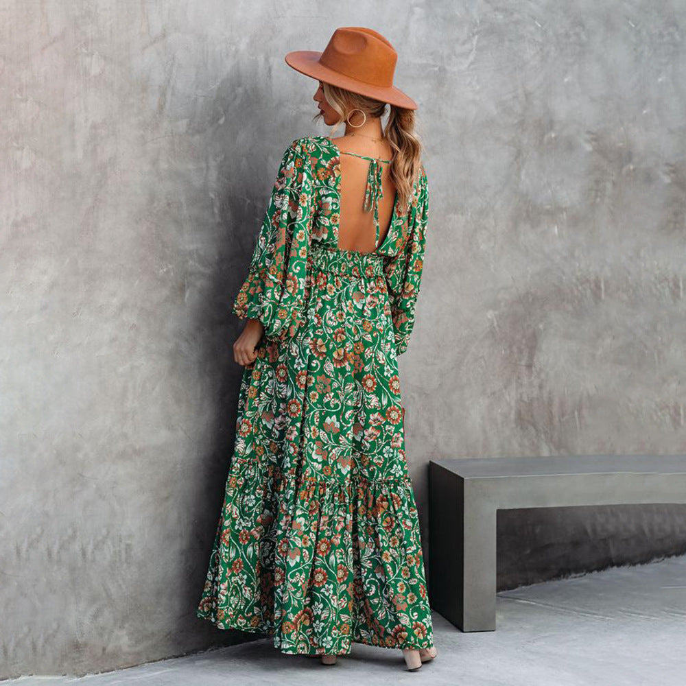 Fashion Printed Lantern Long-Sleeved V-Neck Halter Stitching Dress Lustraward