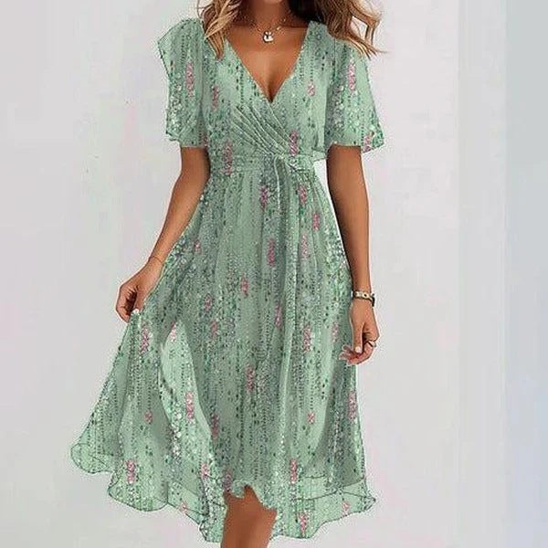 Chiffon Printed Short Sleeve Dress Summer Elegant V-neck Dresses Womens Clothing Lustraward