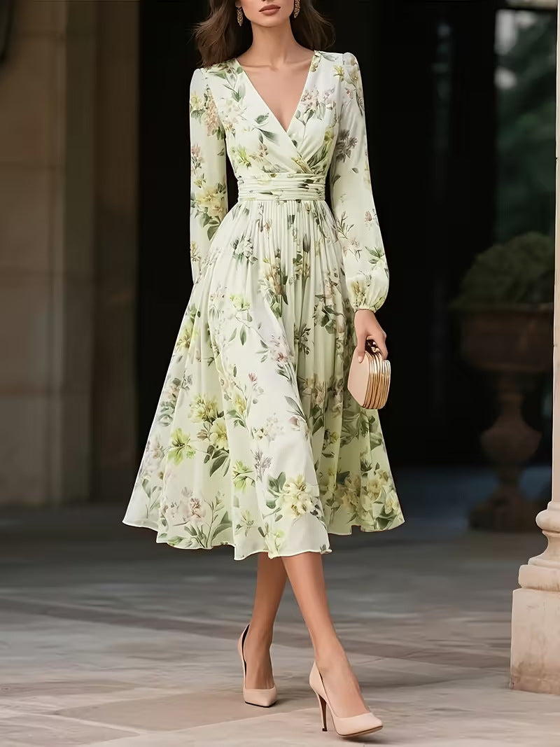 Elegant V-Neck Long-Sleeve Womens Dress With Print Lustraward
