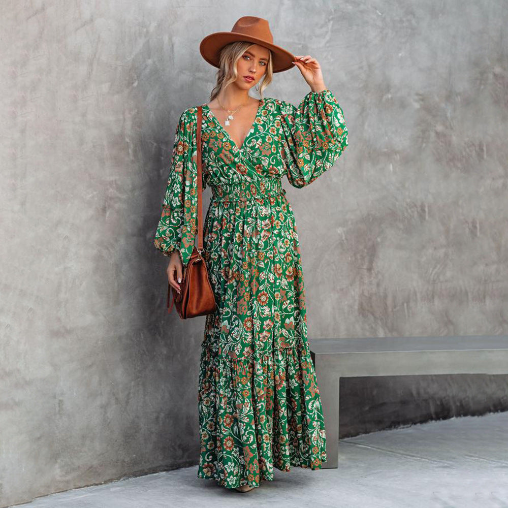 Fashion Printed Lantern Long-Sleeved V-Neck Halter Stitching Dress Lustraward
