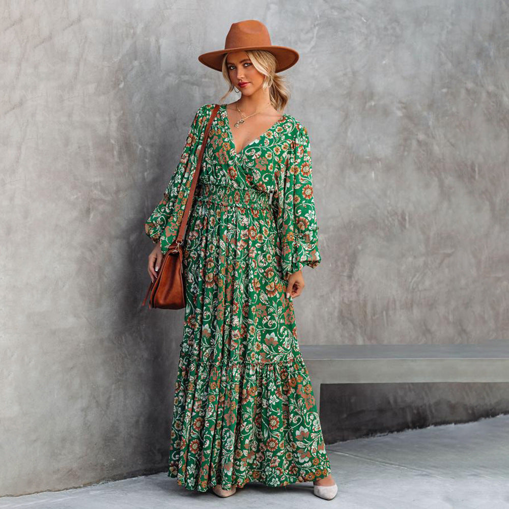 Fashion Printed Lantern Long-Sleeved V-Neck Halter Stitching Dress Lustraward