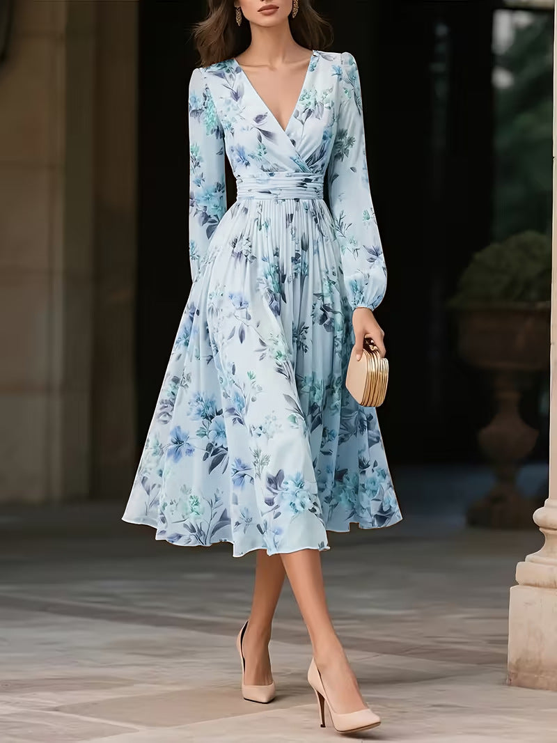 Elegant V-Neck Long-Sleeve Womens Dress With Print Lustraward