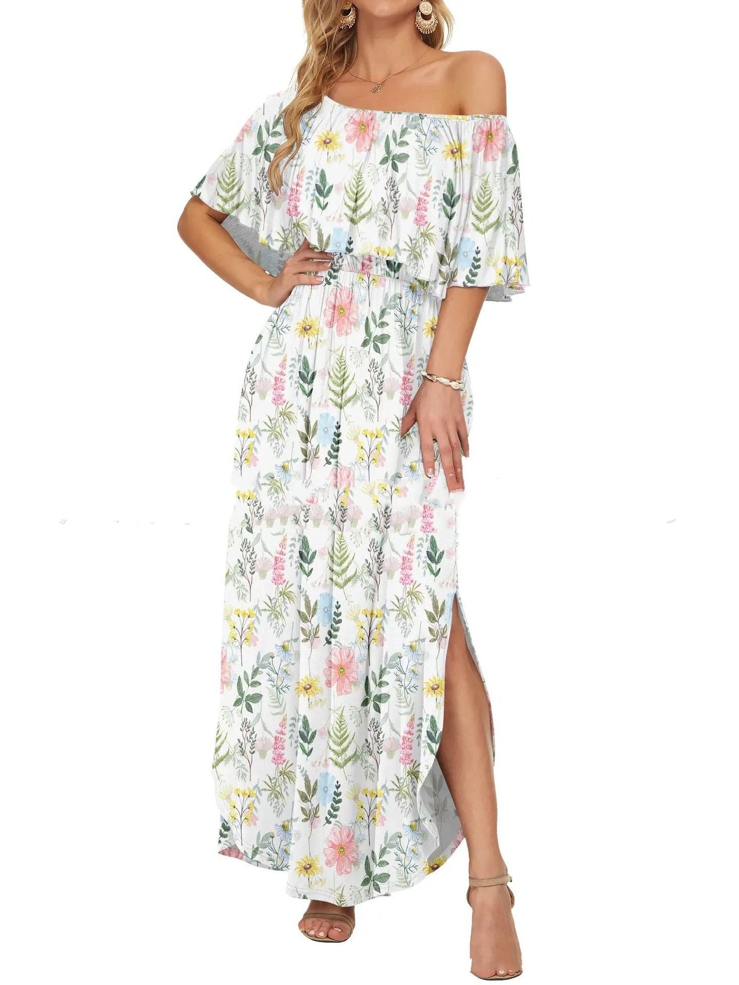 Printed Off-shoulder Short-sleeve Maxi Dress Lustraward