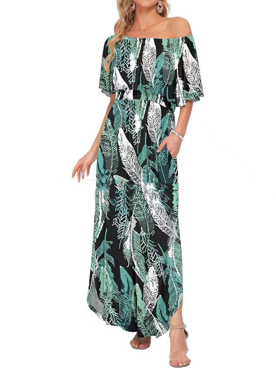 Printed Off-shoulder Short-sleeve Maxi Dress Lustraward