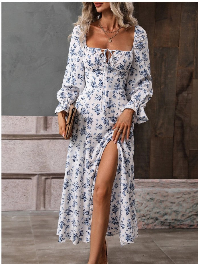 Flowers Printing Long Sleeve Dress Fashion Square-neck Bottom Slit Dresses Womens  Clothing Lustraward