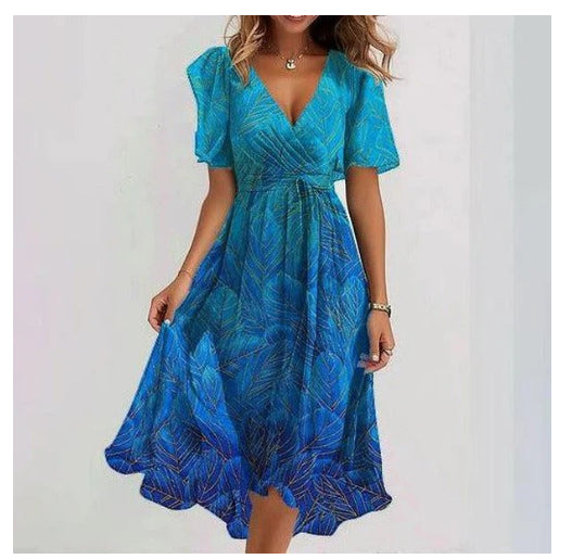 Chiffon Printed Short Sleeve Dress Summer Elegant V-neck Dresses Womens Clothing Lustraward