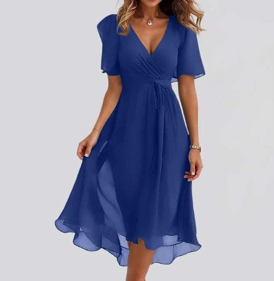 Chiffon Printed Short Sleeve Dress Summer Elegant V-neck Dresses Womens Clothing Lustraward