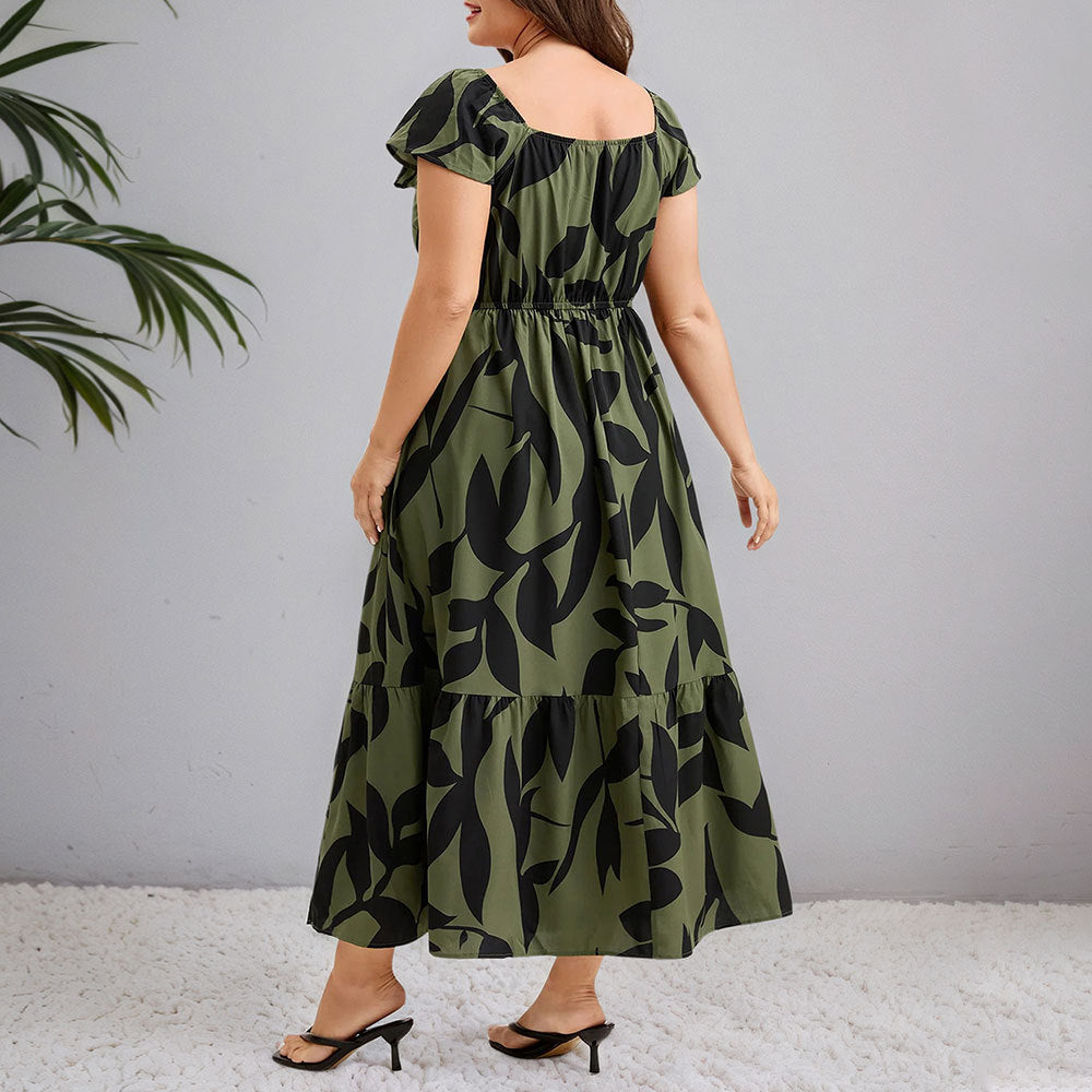 Floral Flutter-Sleeve Drawstring-Waist Maxi Midi Slimming Dress Lustraward