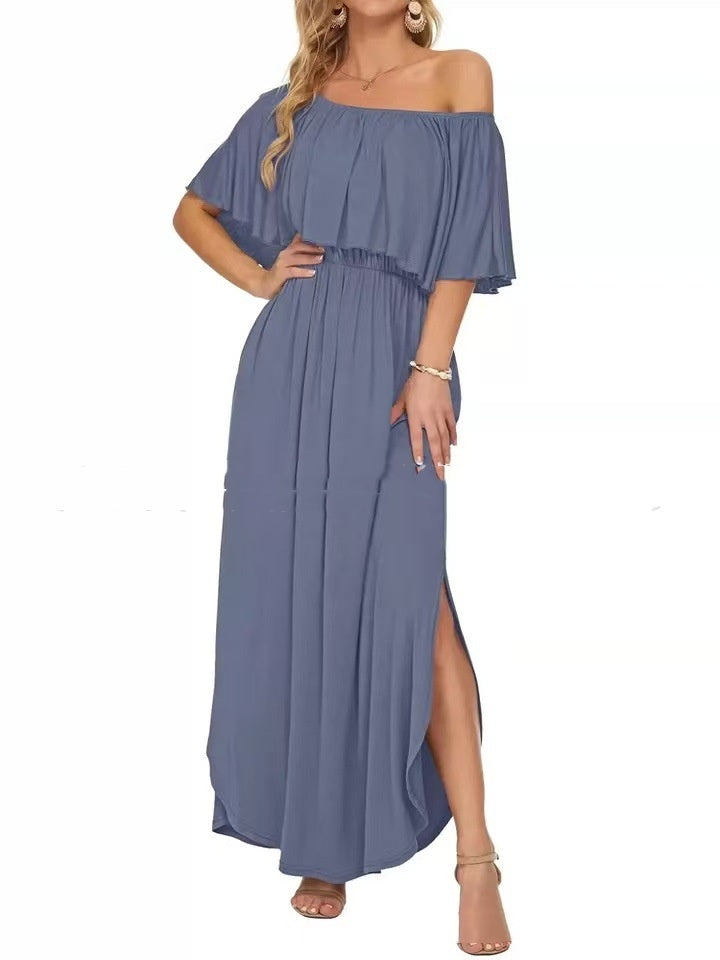 Printed Off-shoulder Short-sleeve Maxi Dress Lustraward