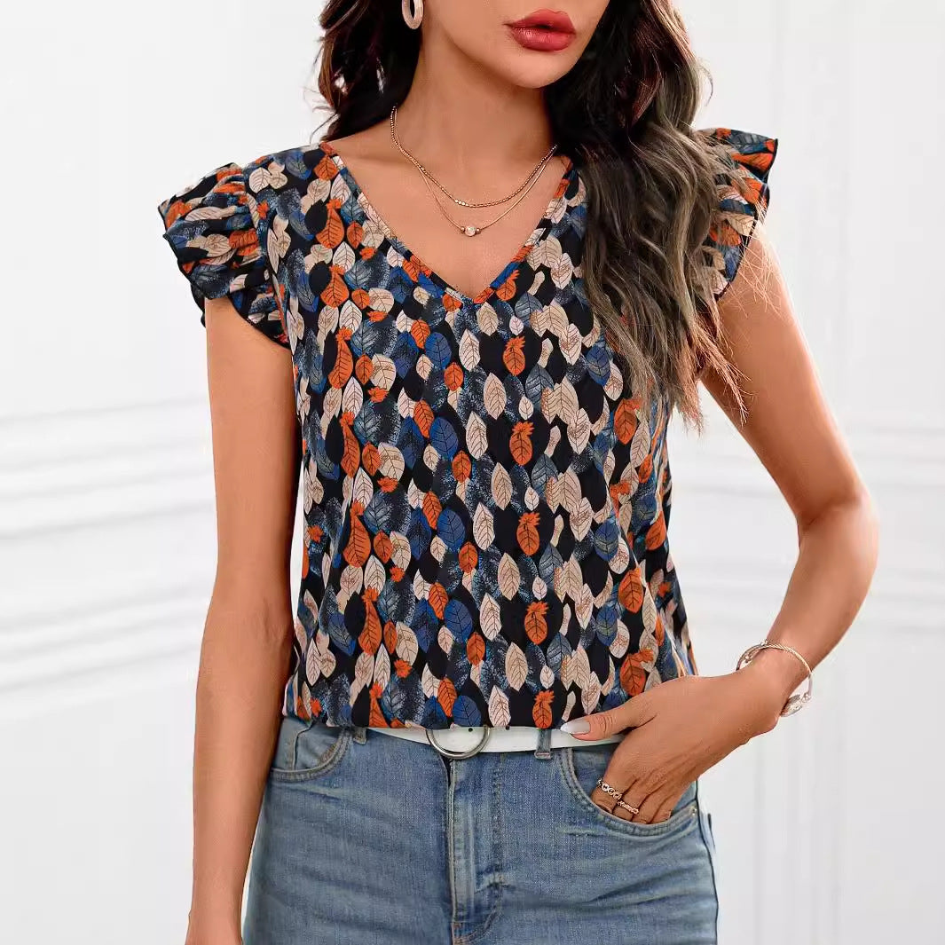 Women’s Printed V-Neck Short-Sleeve Top